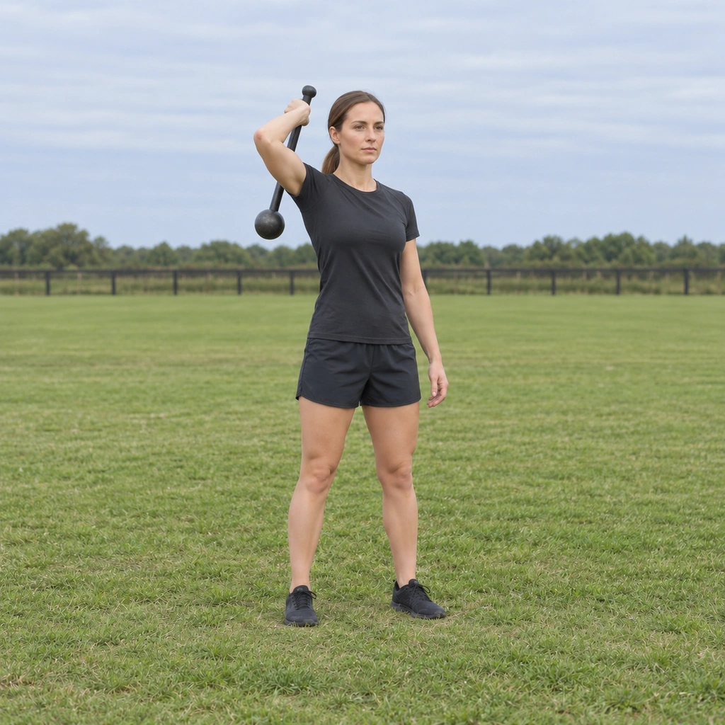 A woman casting a steel club behind her shoulder toward the back pocket, arm fully flexed.