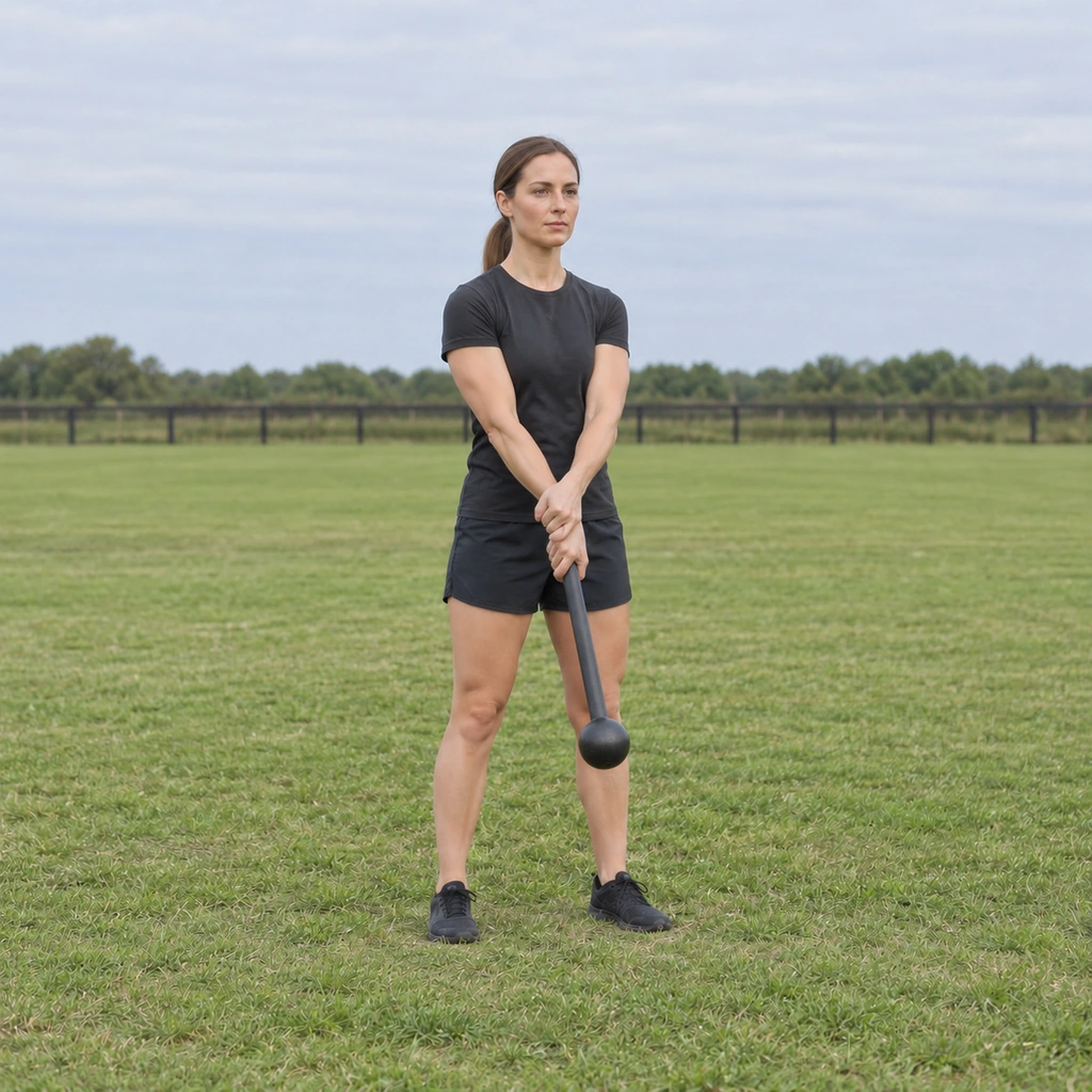 A woman swinging the steel club through a bottom pendulum, her free hand crossing over to assist the grip.