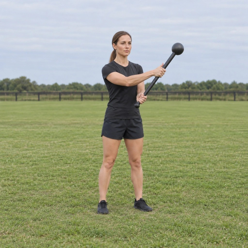 A woman switching the steel club to her opposite hand mid-swing as the figure-8 continues.