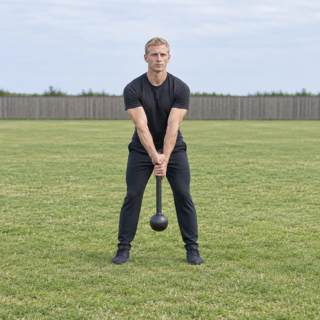 A man hinged at the hips holding a steel club centred in front on a two-hand grip.