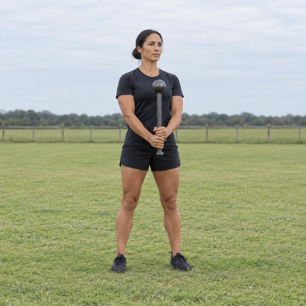 A woman standing tall with a steel club held centred in front of her body.