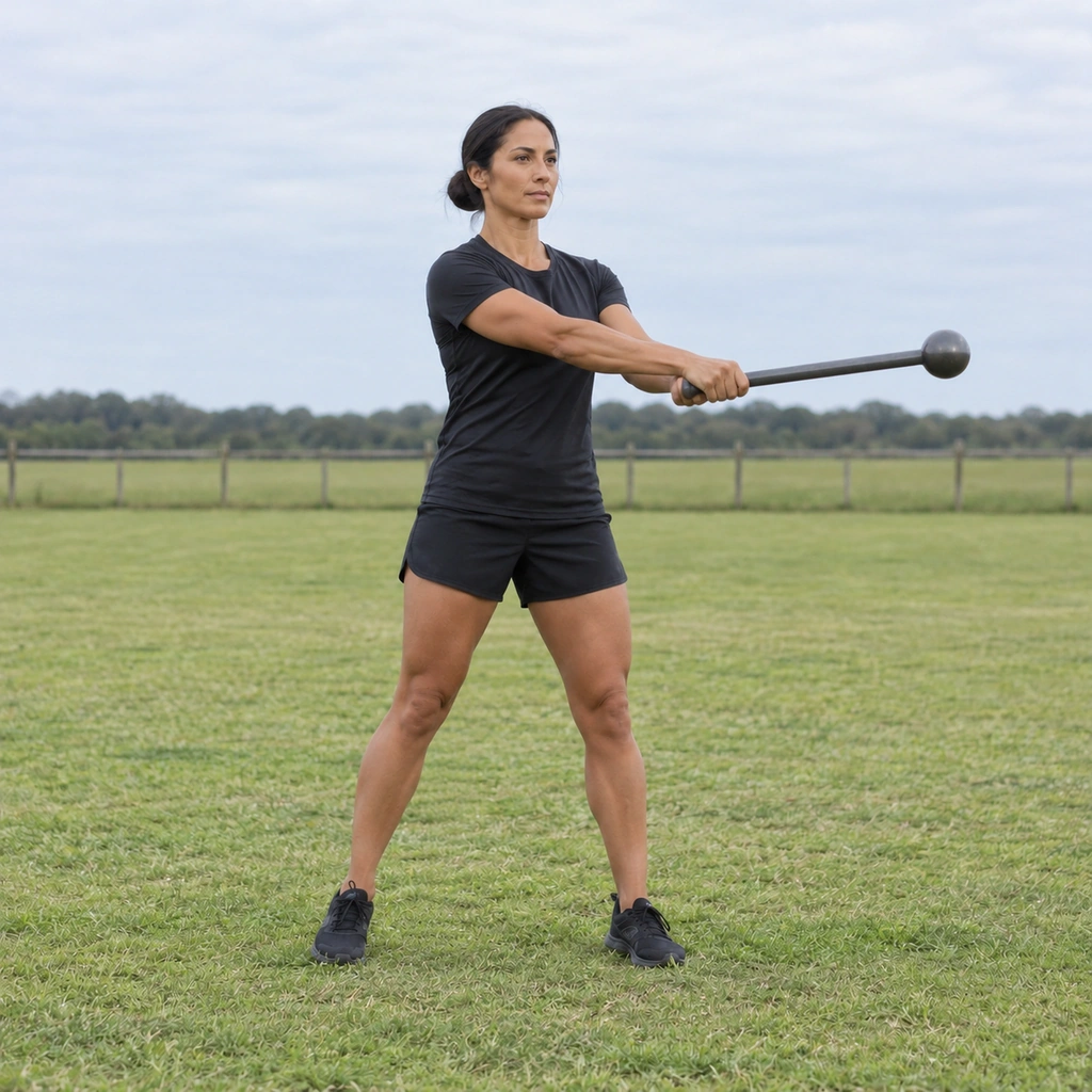 A woman casting a steel club laterally across the front of her body, her weight shifted to keep balance.
