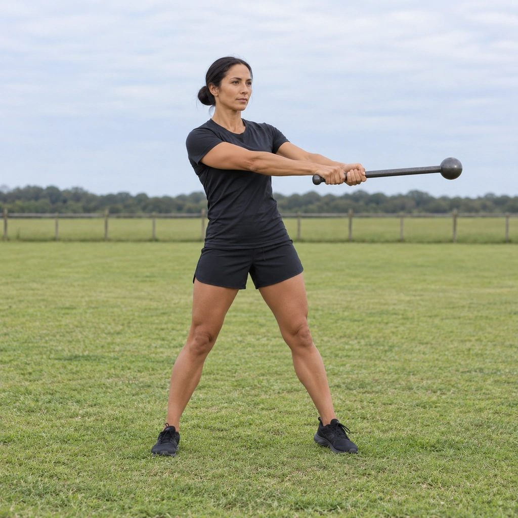 A woman with the steel club reached to the far side, her weight settled opposite to balance it.