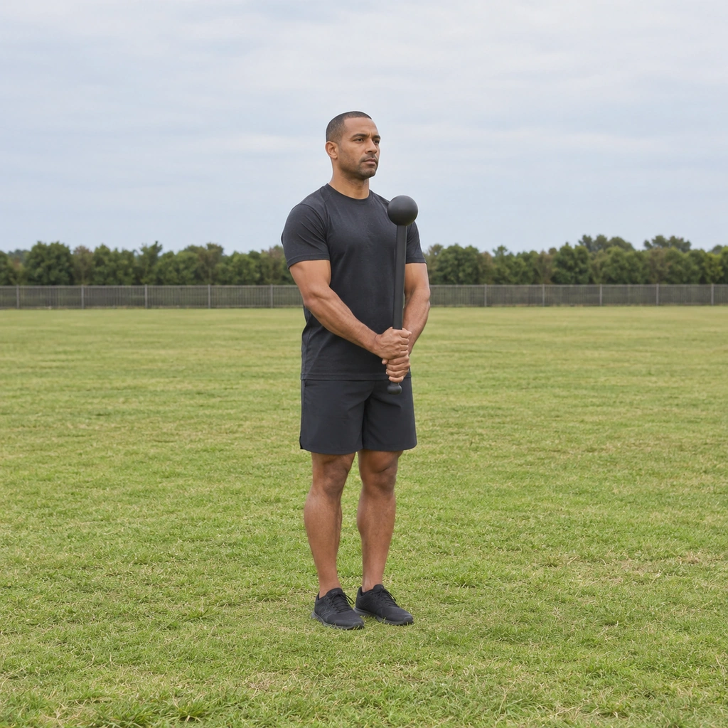A man standing with a steel club held in front of his body, feet under his hips.