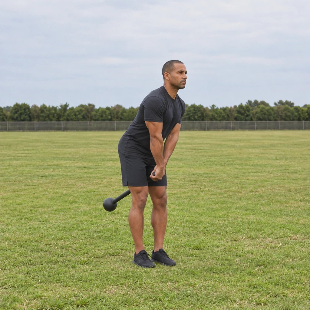 A man driving his hips back as the steel club swings in toward his body.