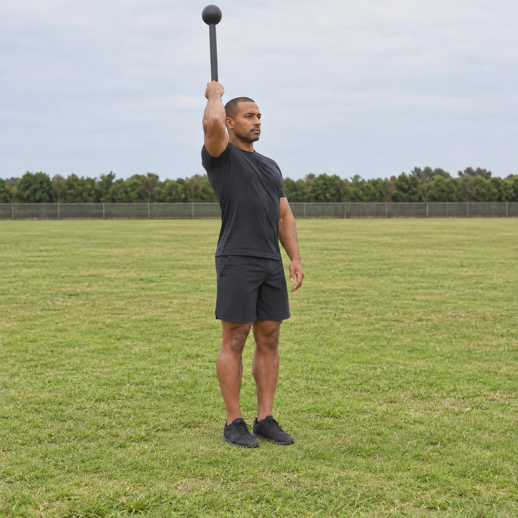 A man casting the steel club up with his elbow close to his ear and the forearm locked straight.