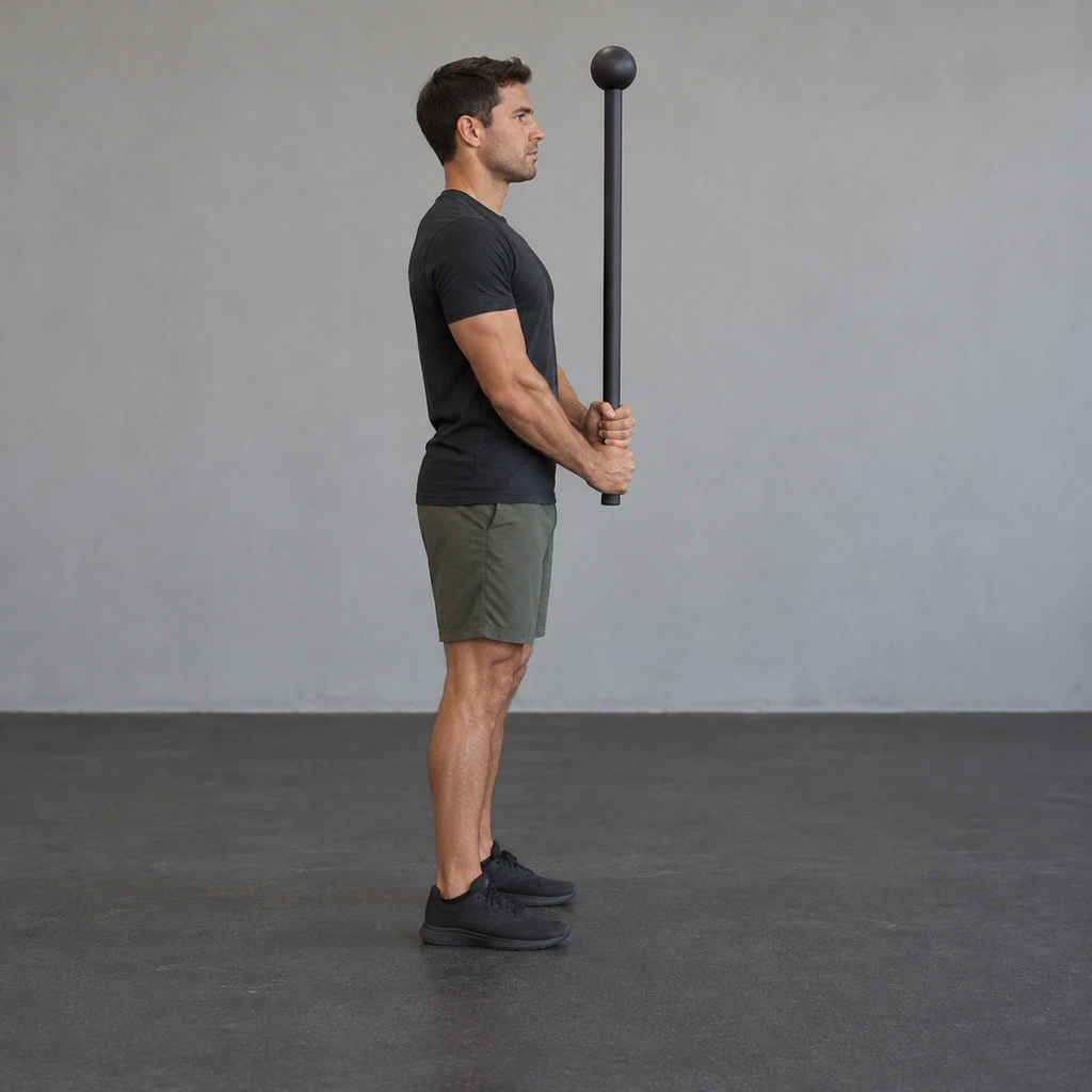 A man standing upright, holding a long-handled mace vertically in front of his body with both hands stacked together at the bottom of the handle.