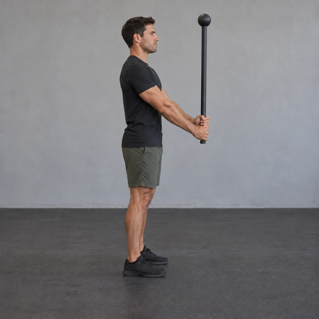 The same man, the mace now swinging back into a nearly vertical position in front of his body as the circle completes.