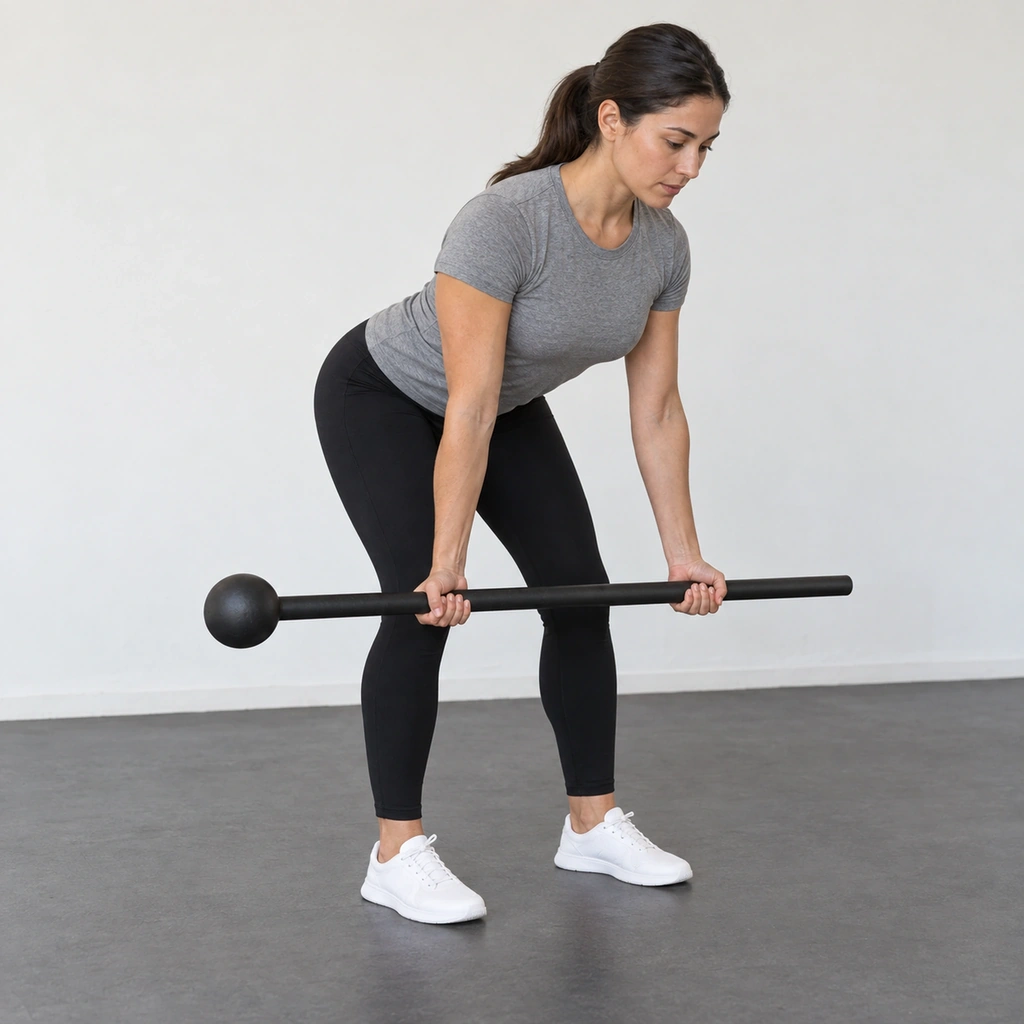 A woman hinged forward at the hips with a straight back, arms hanging straight down holding a steel mace level by its handle with both palms facing up.