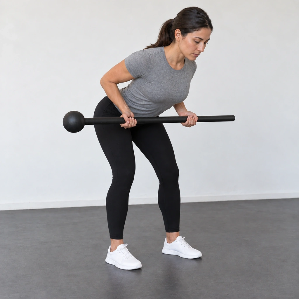 The same woman, still hinged forward with a straight back, with both elbows bent behind her torso and the steel mace held level a hand's width from her navel.