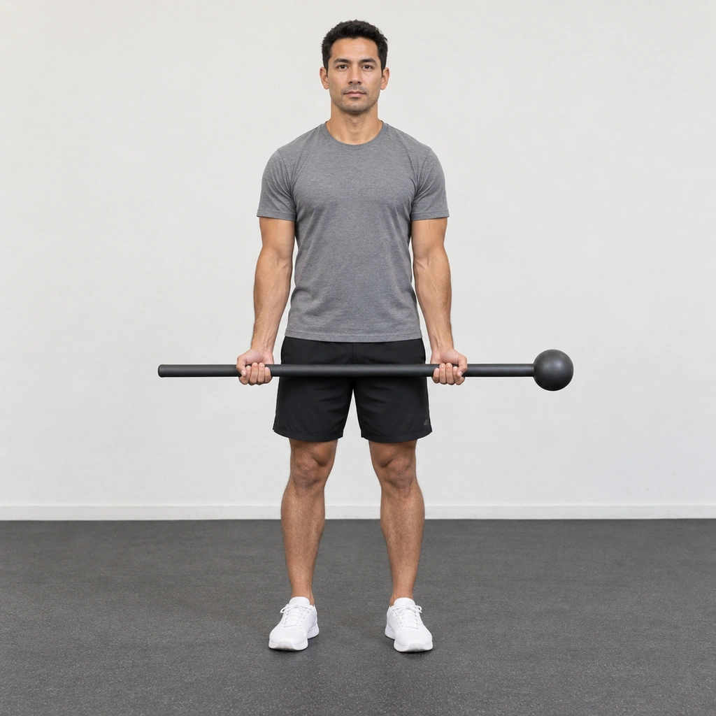 A man standing facing the camera holding a steel mace low across his thighs with both straight arms and the weighted head out past his left hand.