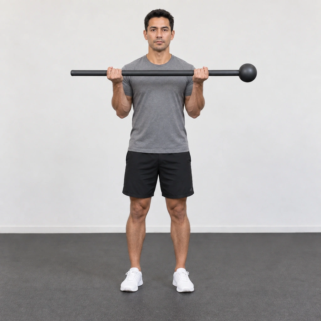 The same man with both elbows bent, holding the steel mace raised in front of his upper chest with the handle still level and the weighted head out past his left hand.