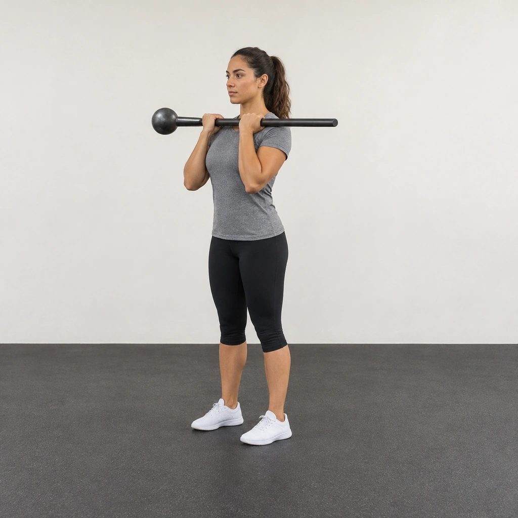 A woman standing tall with her feet hip-width apart, a steel mace lying across the front of her shoulders with its head past her right shoulder and her elbows pointing down.