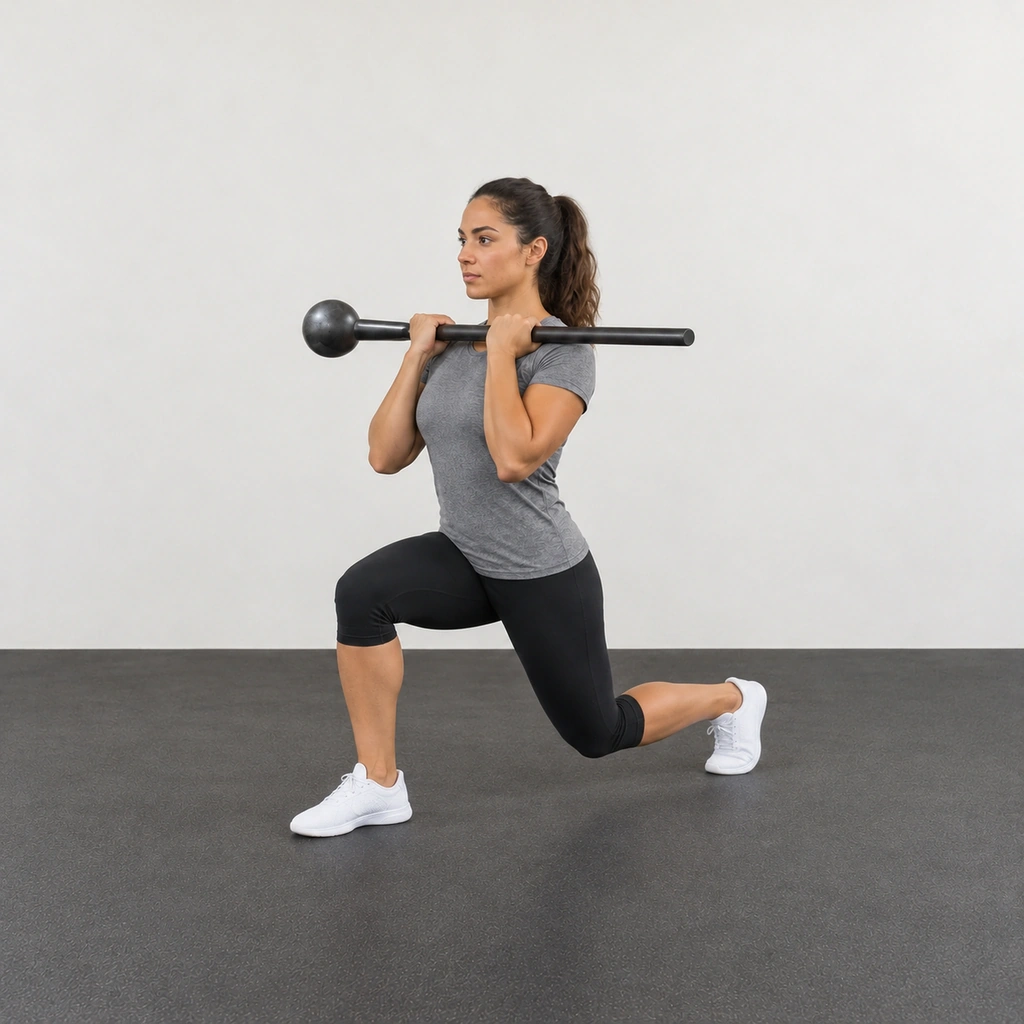 The same woman in a backward lunge with the mace still across her shoulders, right shin vertical, left knee bent to 90 degrees behind her and her torso upright.