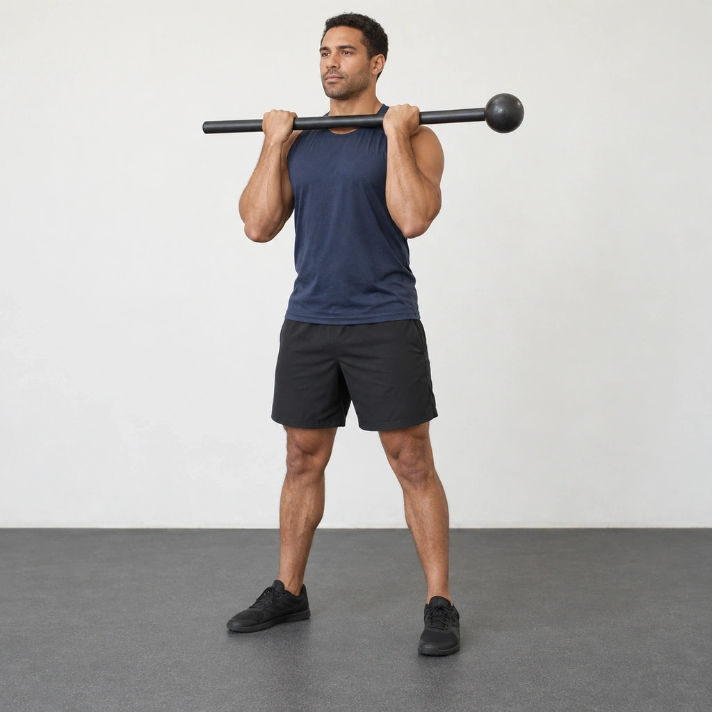 A man standing tall, a steel mace lying across the front of his shoulders with its weighted head to one side, his elbows pointing down.