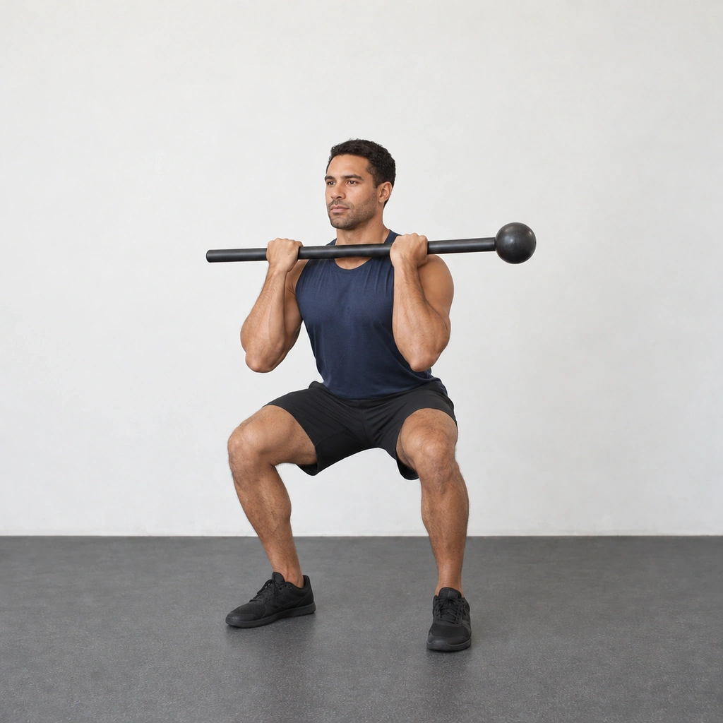 The same man in a deep squat, the steel mace still across the front of his shoulders, his knees over his toes and his heels on the floor.