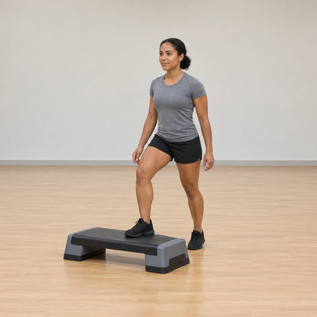She has stepped up onto the platform with her right foot, the whole sole planted securely, her left foot still on the floor behind.