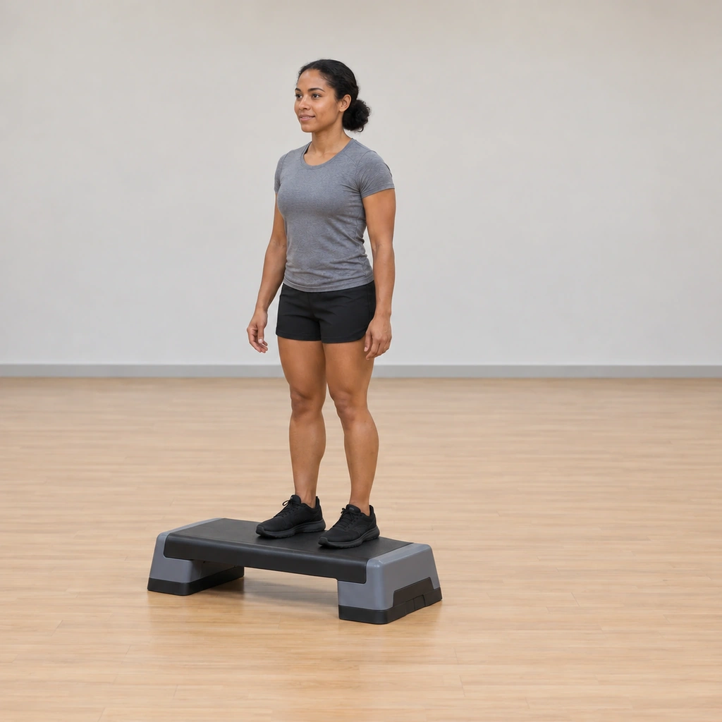 Both her feet are now planted on the platform, left foot joined beside the right, standing tall on top of it.