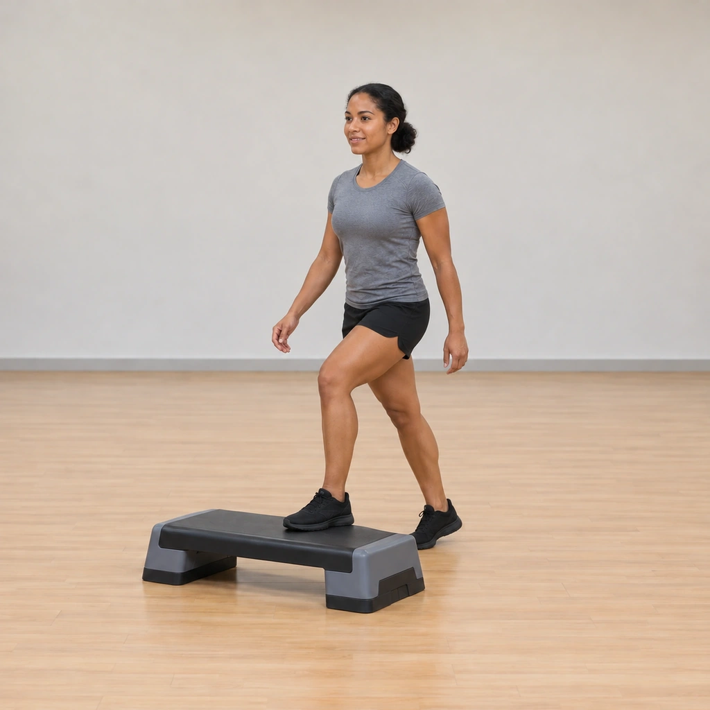 Her right foot has stepped back down to the floor behind the platform while her left foot remains planted on top.