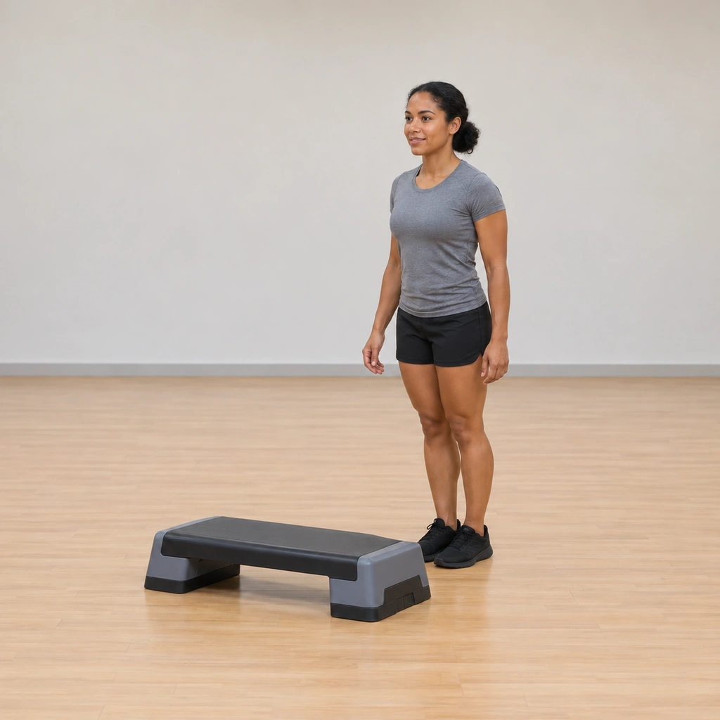 Both her feet are back on the floor behind the platform, left foot joined beside the right at the starting position.