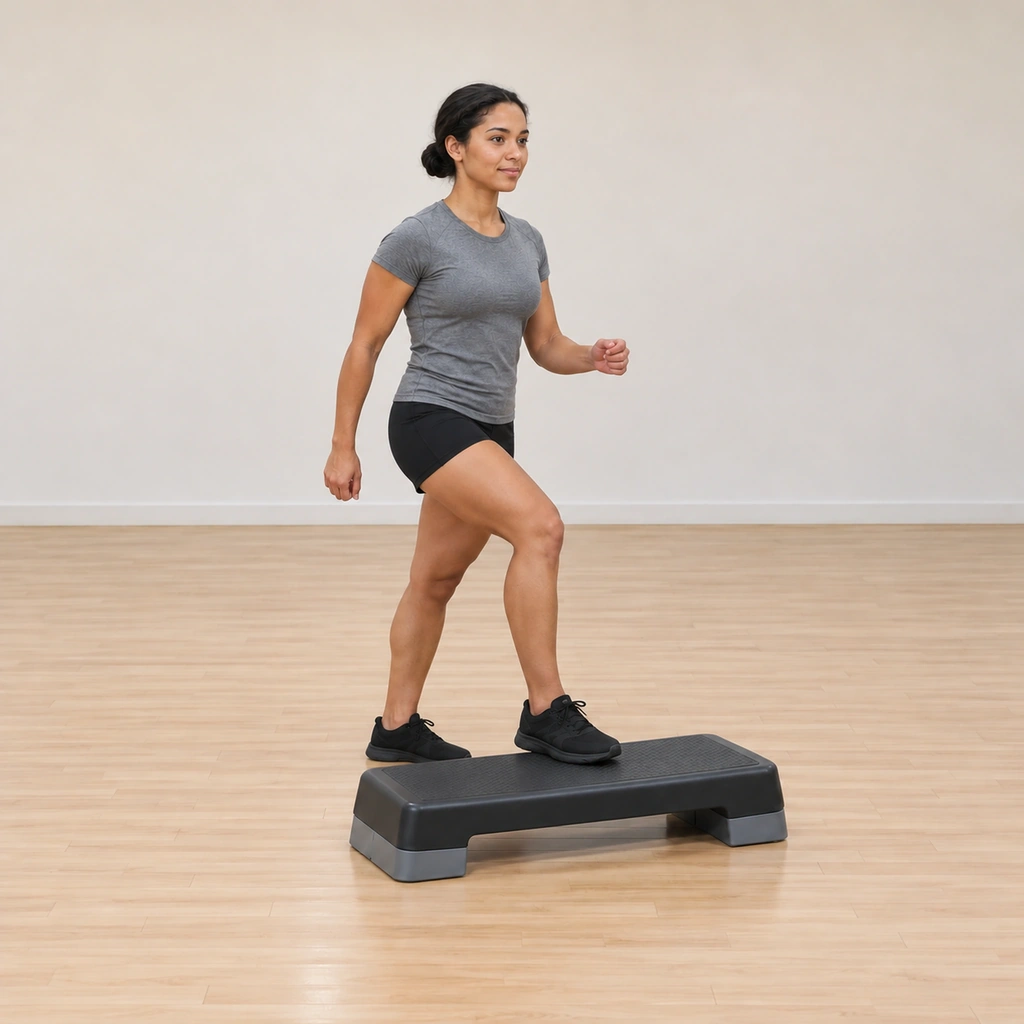 Her leading foot has stepped onto the platform, the sole planted, her trailing foot still on the floor behind.