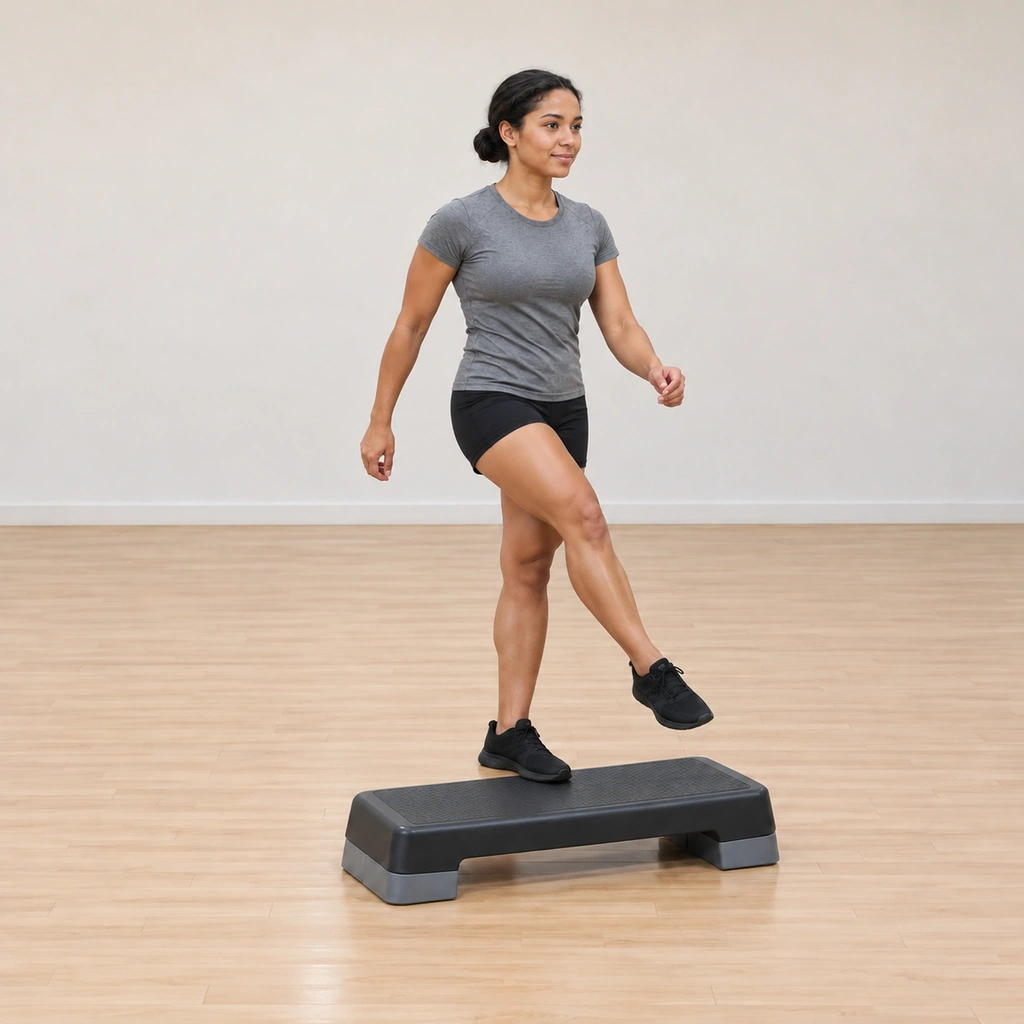 Her weight has shifted onto the mounted foot while her opposite leg swings through the diagonal line across the platform toward the far corner.