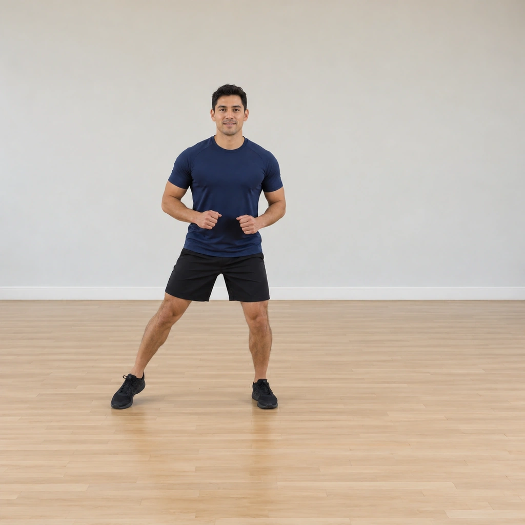 He has stepped out sideways to his right, the left foot still planted where it was, posture upright.