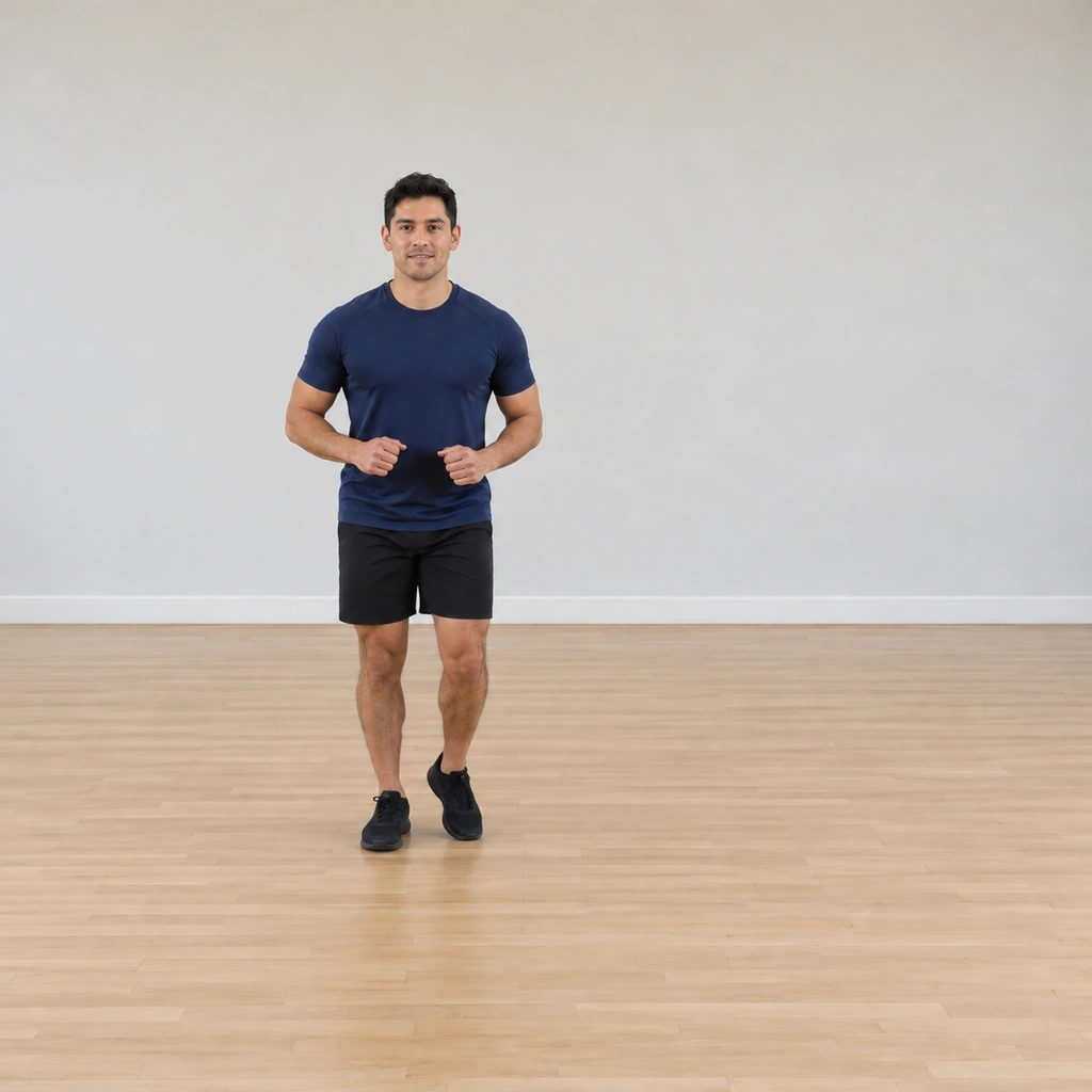 His left foot has closed beside the right with a light toe touch, the weight staying on the right, completing the figure.