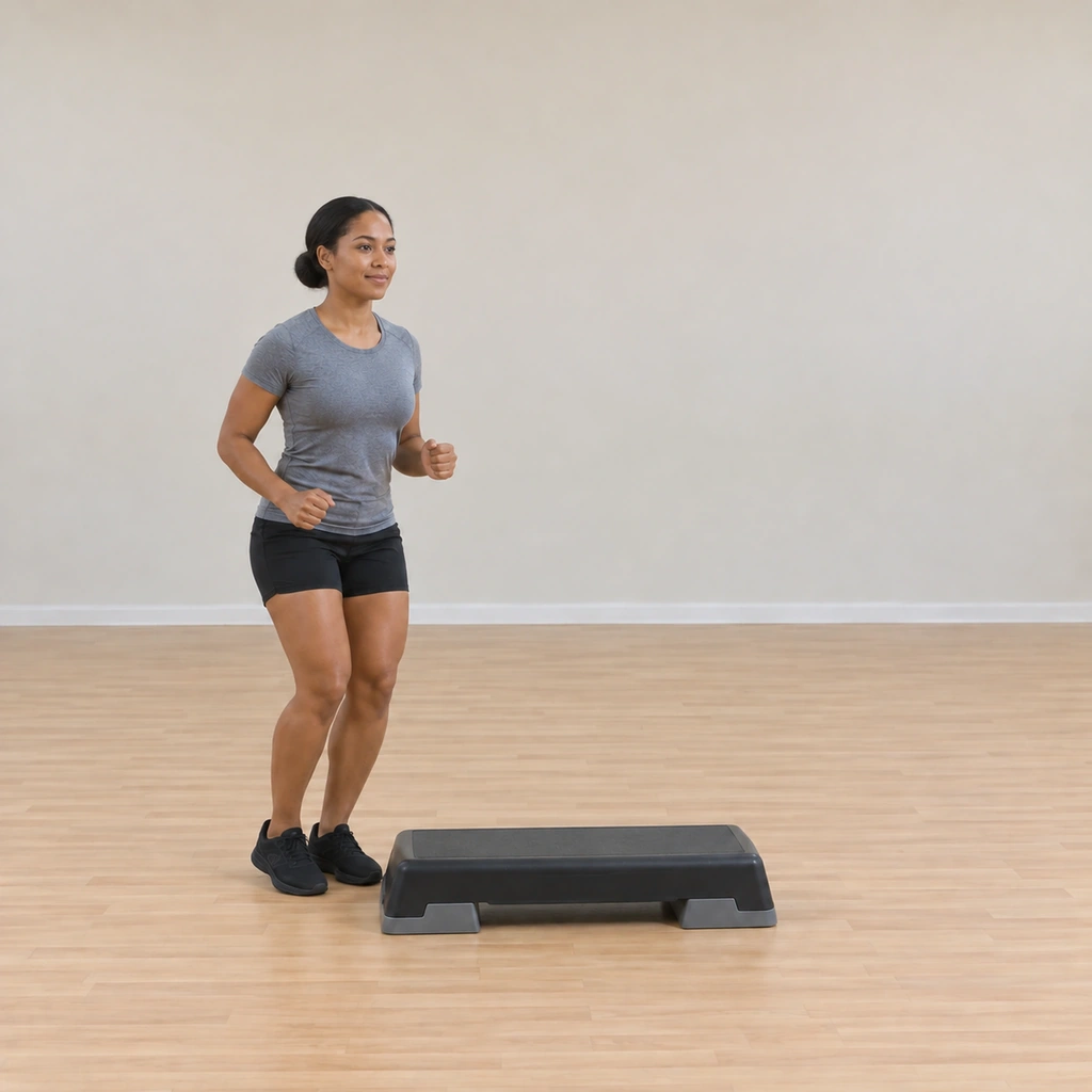 She has stepped back down off the platform one foot then the other, both feet on the floor behind it.
