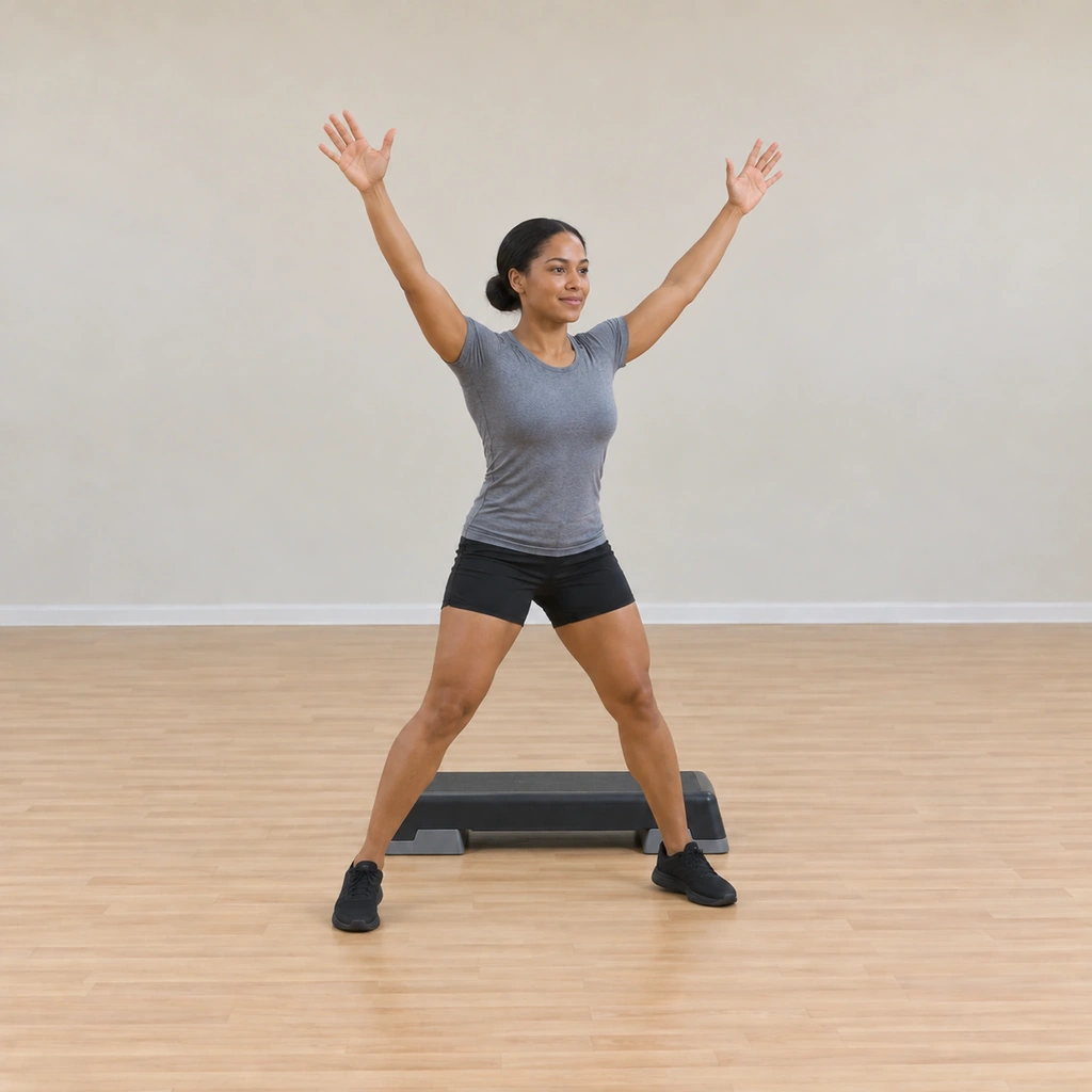 She is mid-jumping-jack on the floor behind the platform, feet apart and arms swept out, completing the combination.