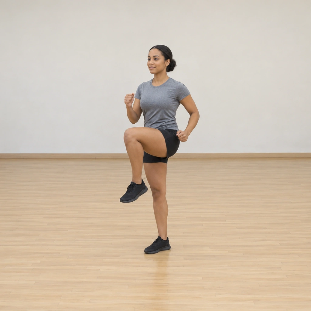 She balances on her right leg with the left knee lifted toward her abdomen, upright and controlled.
