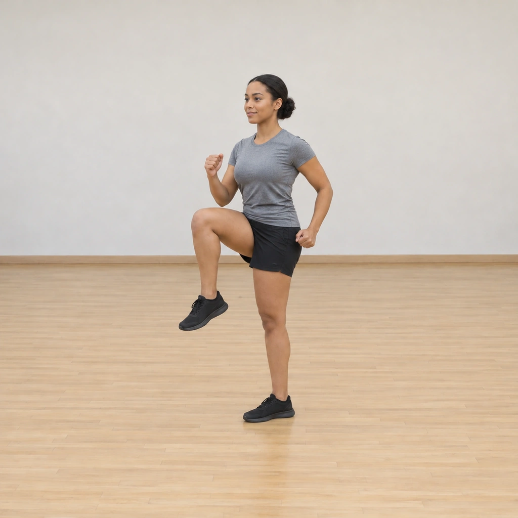 Her left foot has lowered and her right knee is now lifted toward her abdomen, balanced on her left leg.