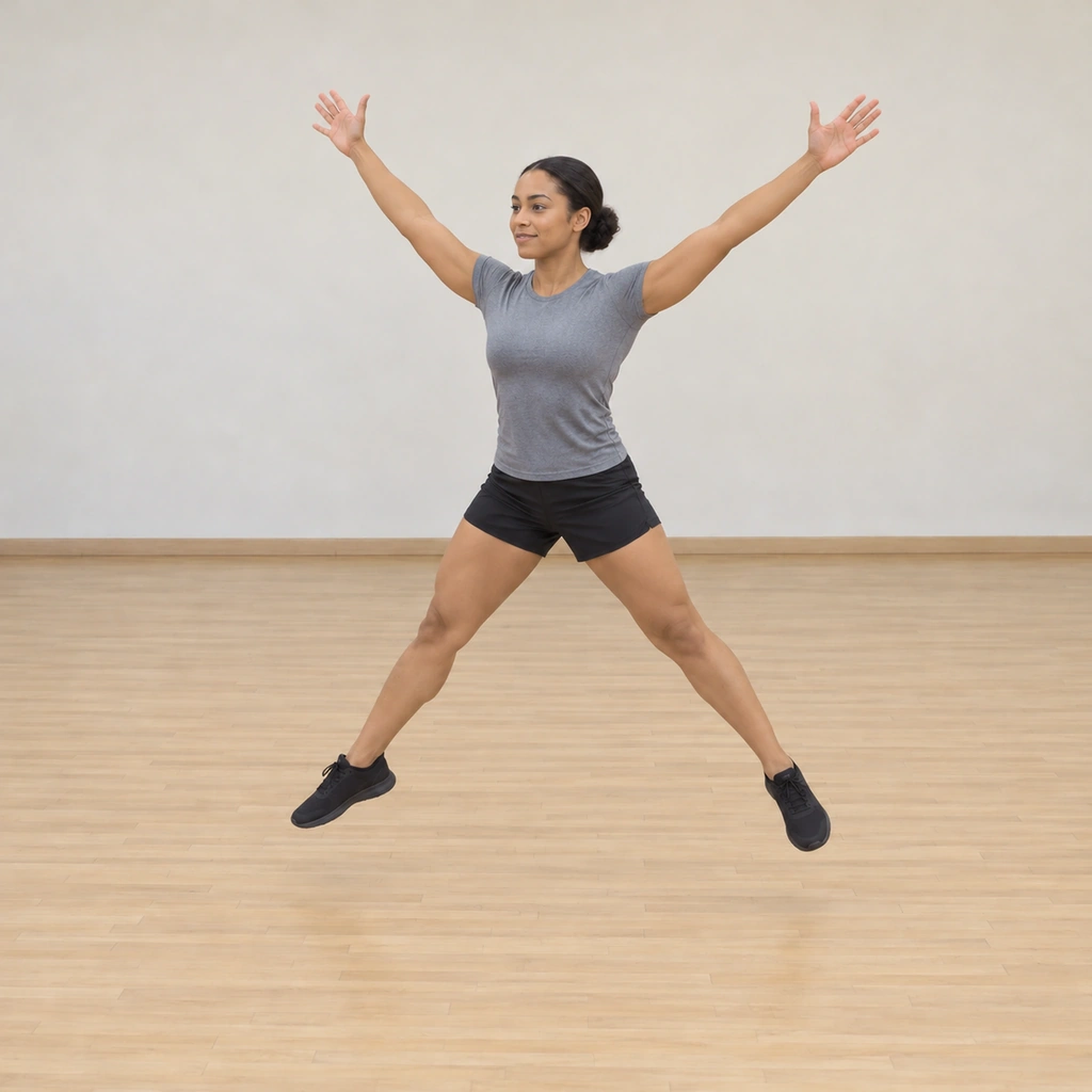 She is airborne in her first star jump, legs spread wide and arms extended outward into the star shape.