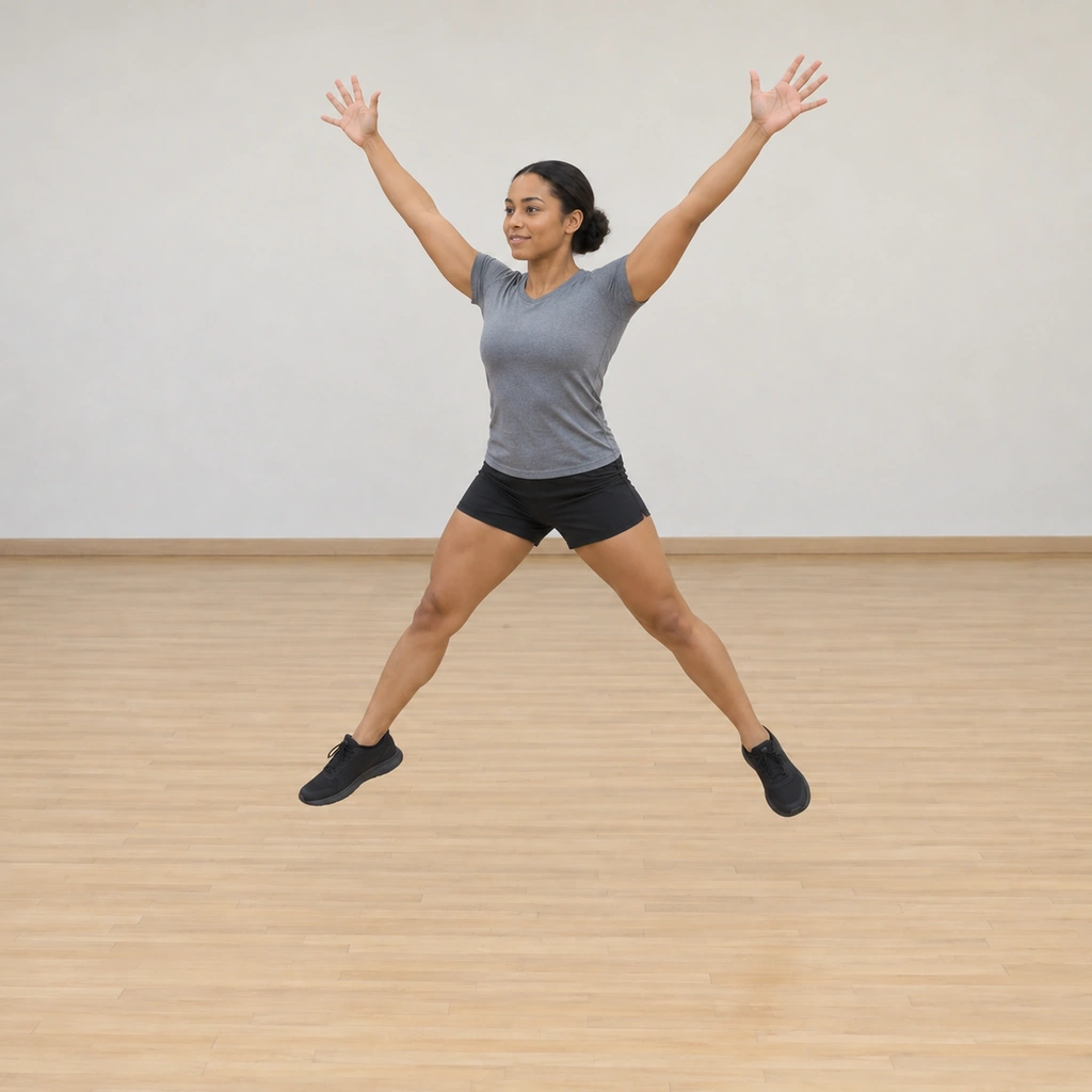 She is airborne in her second star jump, legs wide and arms out again, the takeoff and landing kept controlled.