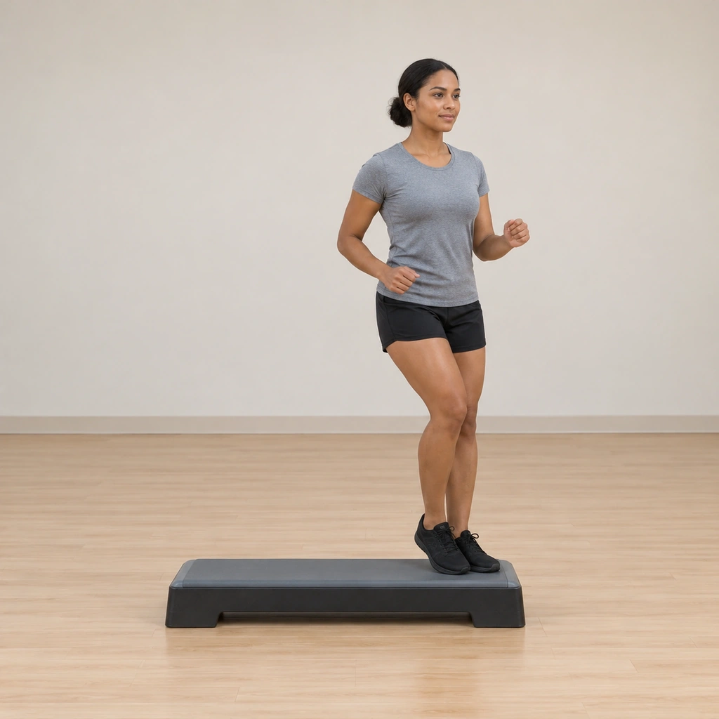 She has mounted the platform's right end on her left foot, her right foot tapping lightly beside it without weight, the body tall over the platform's end.