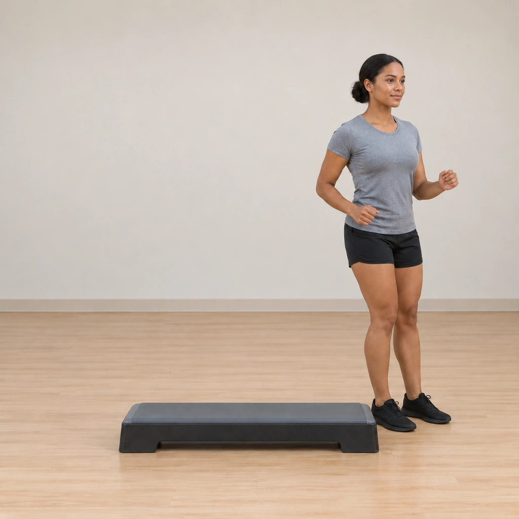 She is stepping off the platform's short end, her right foot on the floor beyond it while her left foot taps down beside it, the body facing along the platform.