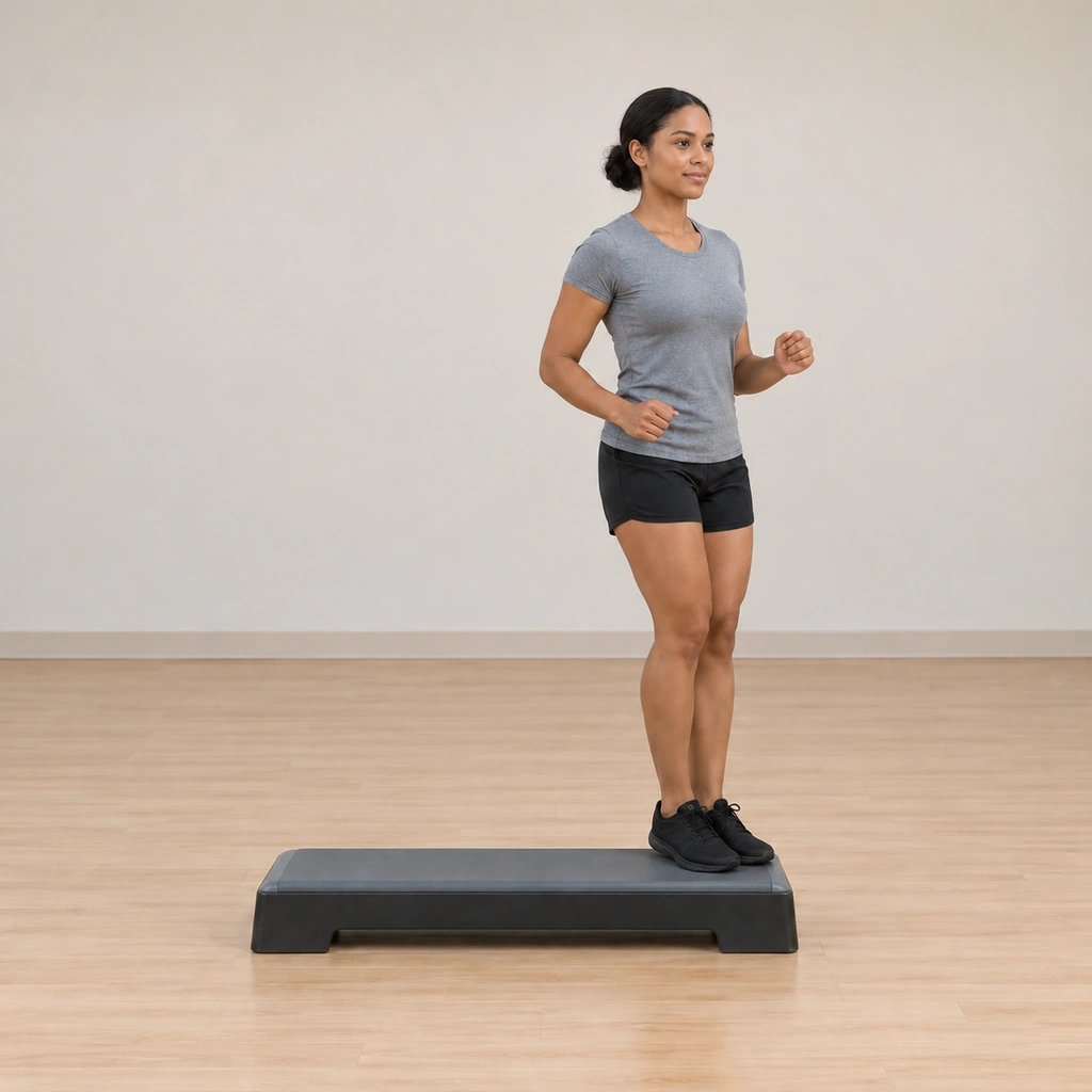 She has remounted the platform's right end on her left foot, her right foot tapping lightly beside it again, the body settled back on the platform.