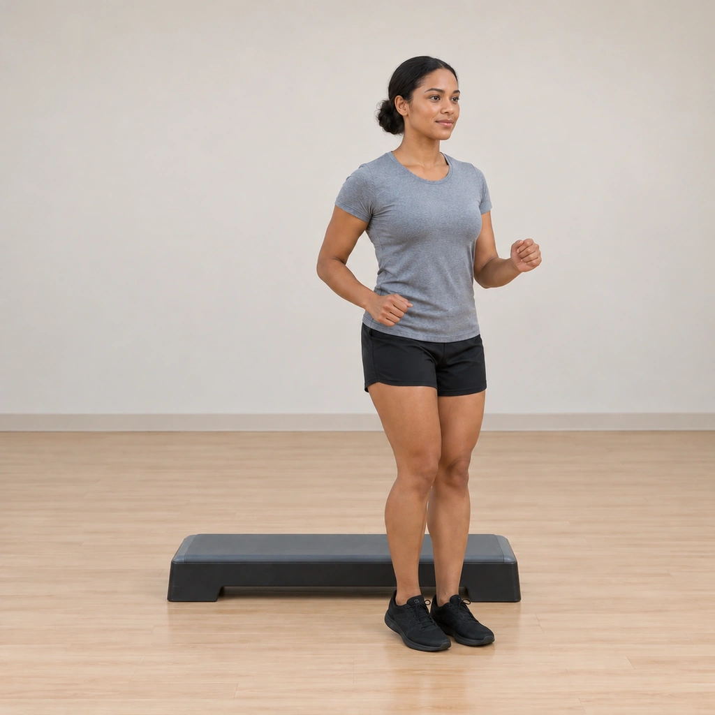 She is stepping backward off the platform's front edge, her right foot landing on the floor in front while the left foot follows, completing the L-shaped path.