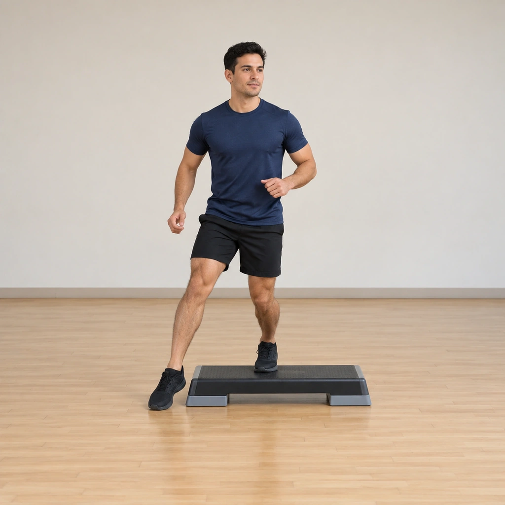 He has stepped up onto the platform with his inside foot and is crossing over it toward the opposite side.