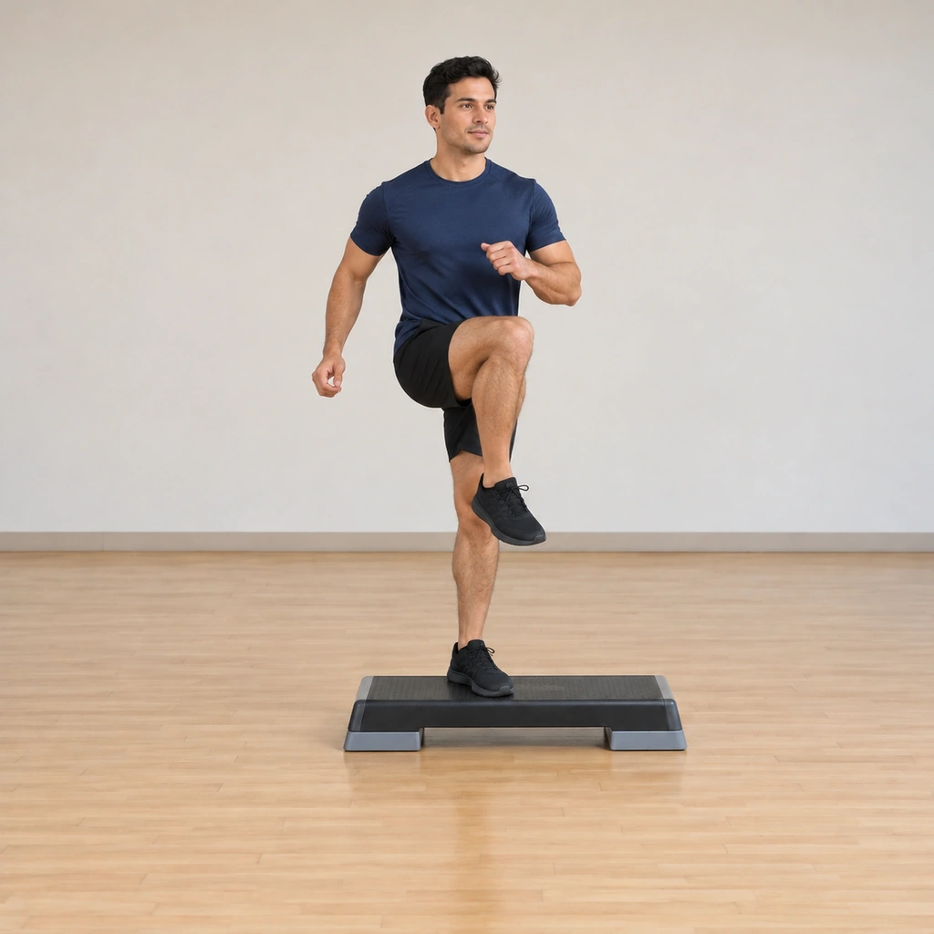 His inside foot is planted on the platform while his outside knee has lifted for the first of the three lifts.