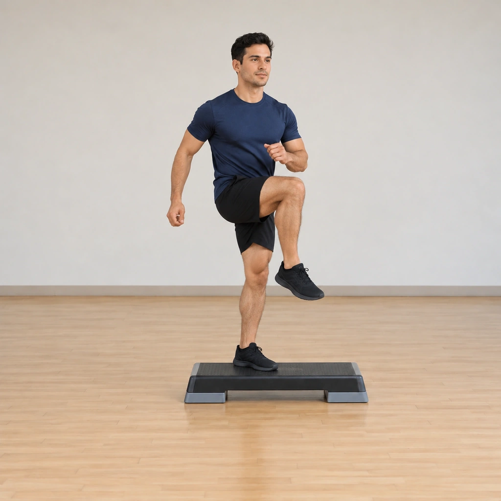 He is mid third lift, the same outside knee raised again while his inside support foot has pivoted him partway around the platform.