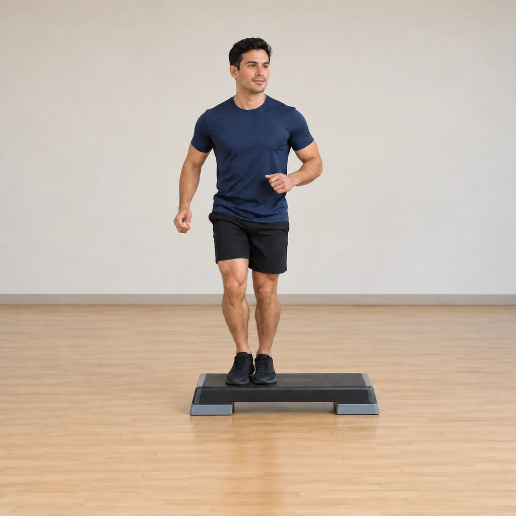 He has finished the lifts and drawn the working foot in beside the support foot in the light closing step-touch.
