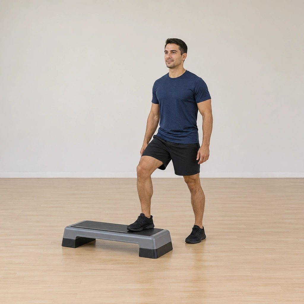 He has stepped his right foot fully onto the platform, facing its left corner, the left foot still on the floor.
