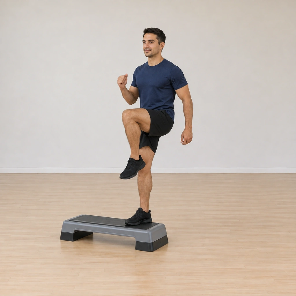 His left knee has lifted in front of him, balanced on the platform-planted right foot.