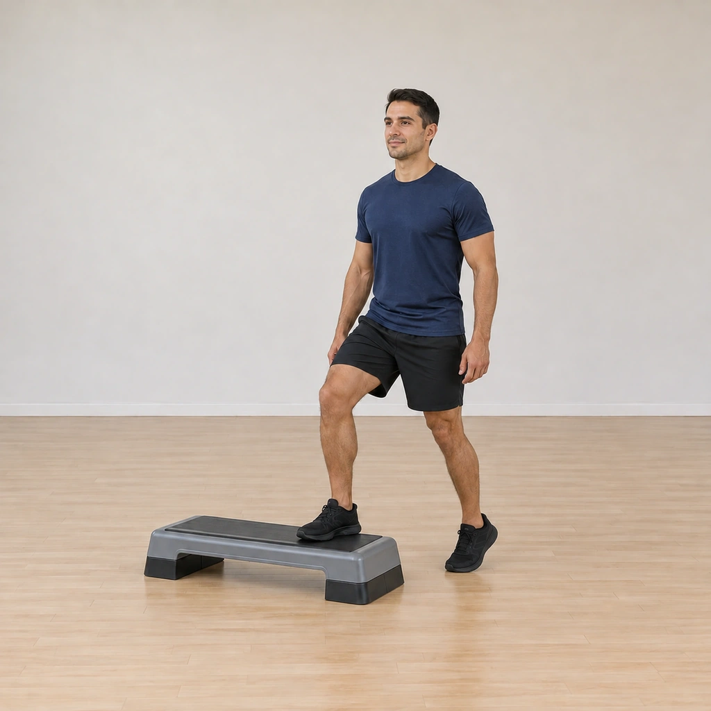 His left foot has lowered to the floor in the light tap, weight kept on the platform foot, the knee poised to rise again.