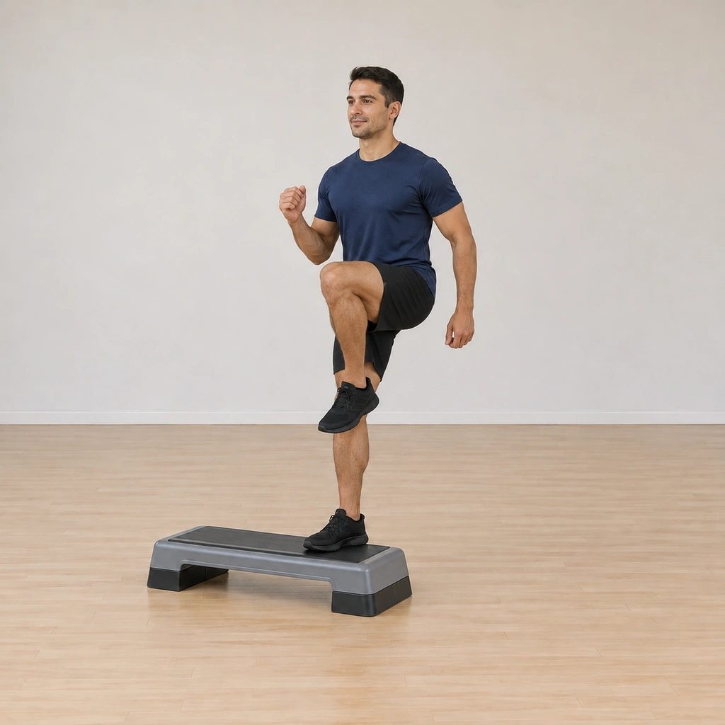 His left knee has lifted for the third consecutive time, the right foot still firmly planted on the platform, the figure completing.