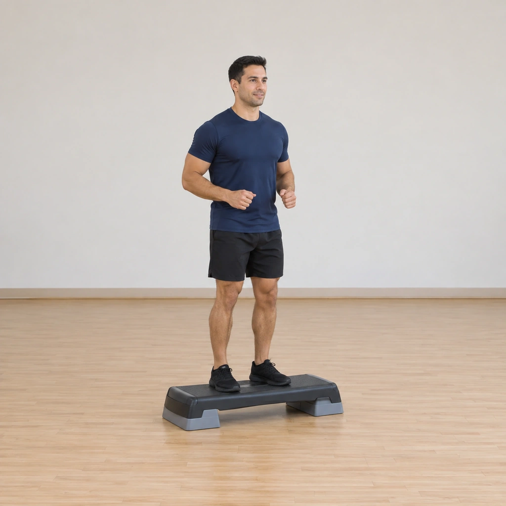 He has mounted the platform, right foot then left foot placed securely beside it, standing tall on the step.