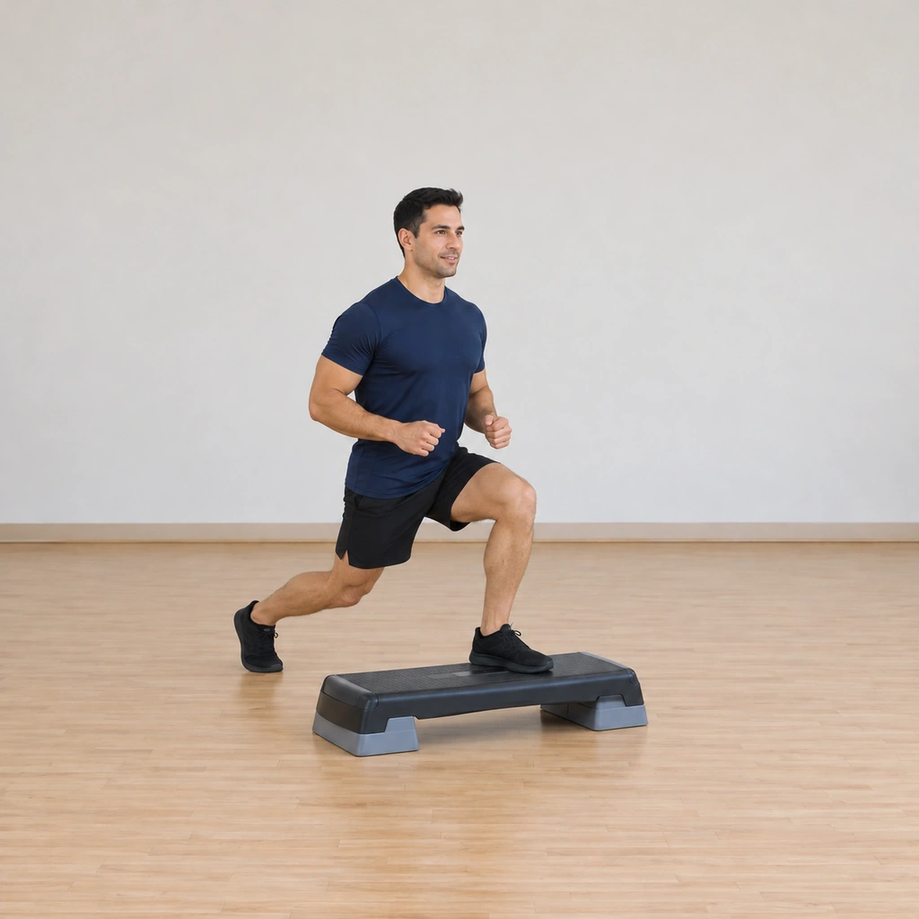 His right foot is stepping backward to the floor into the rear lunge, left foot staying secure on the platform top.