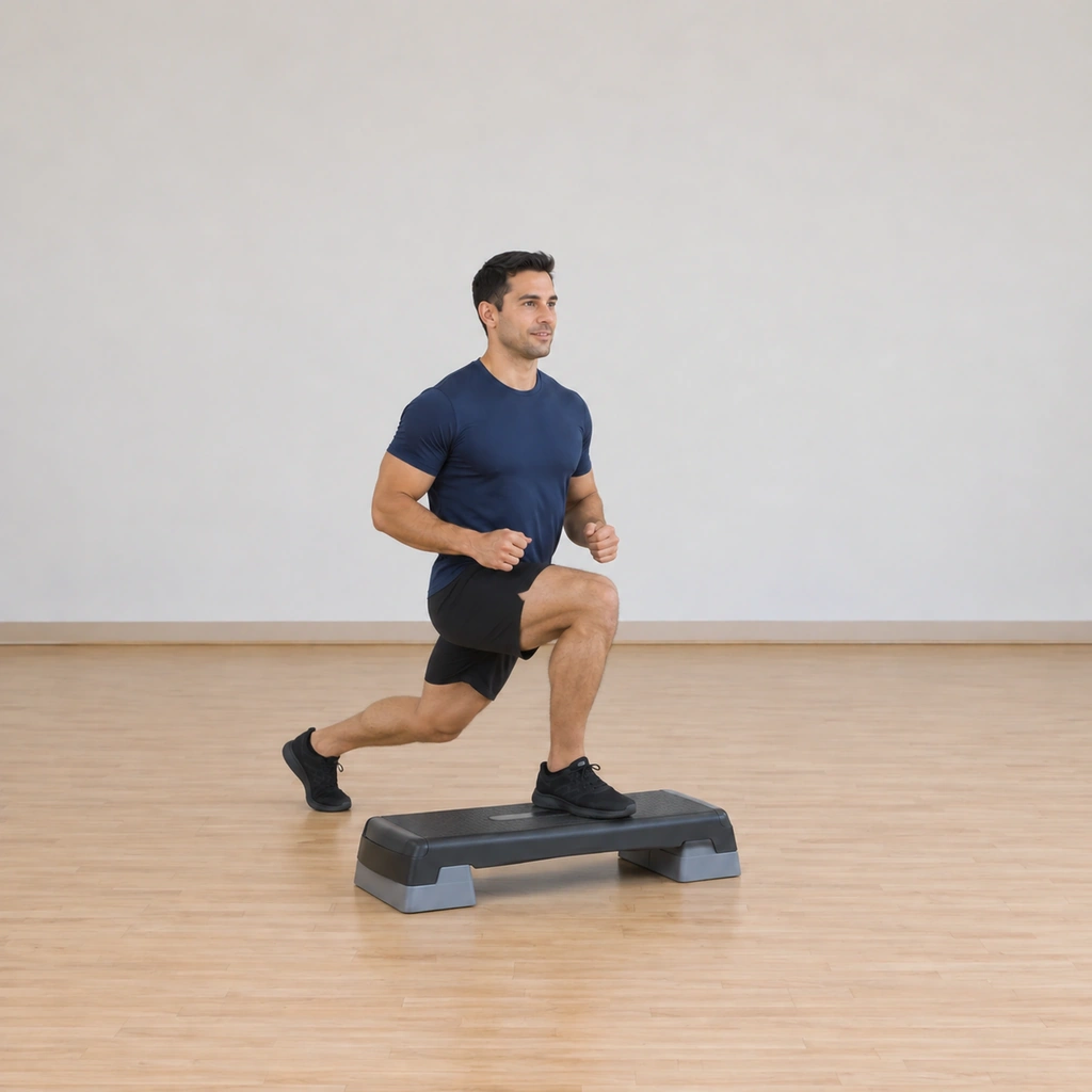 His right foot has returned to the platform and his left foot is stepping backward into the second rear lunge, right foot secure.