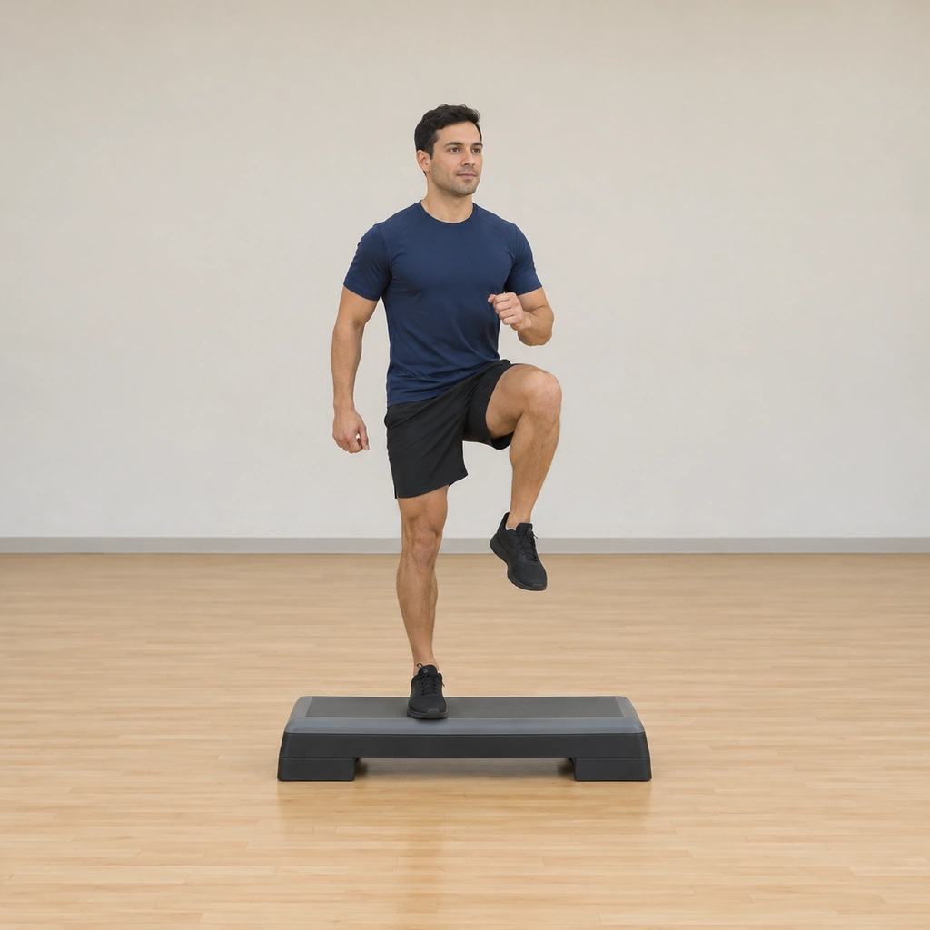 He stands on the platform balanced on his right foot, the left knee lifted in front of him, the body tall and controlled.